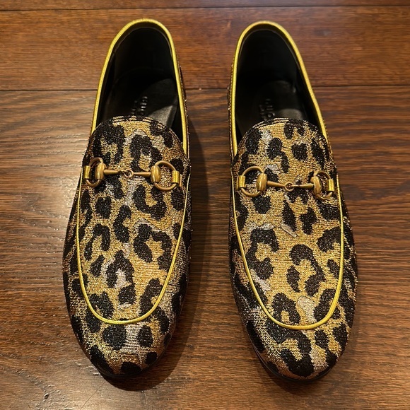 Gucci NWT Jordaan Horsebit Loafers with leopard print jacquard and gold hardware - Picture 2 of 12